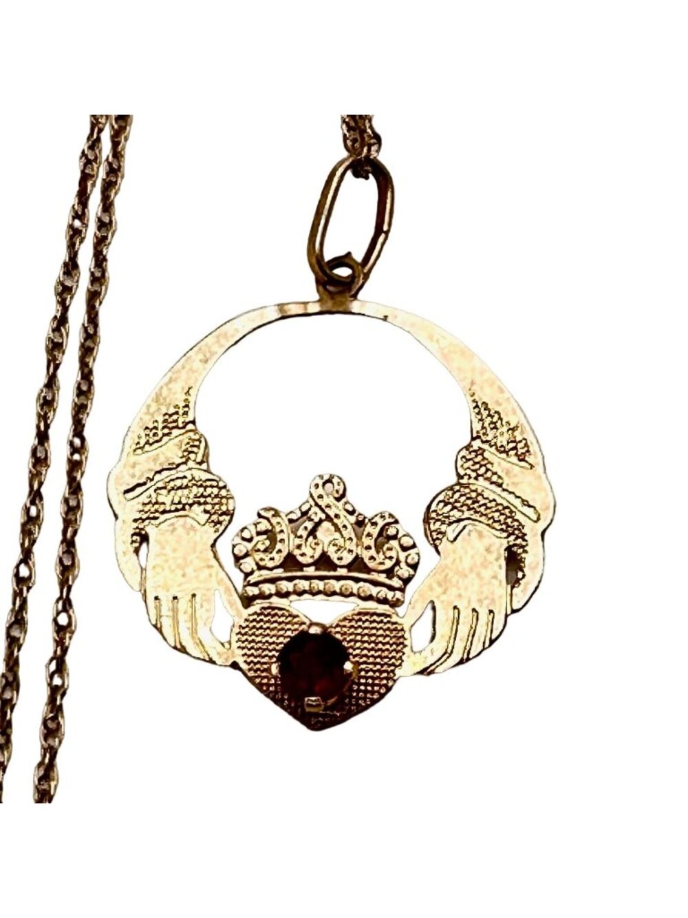 Vintage Celtic 14k Gold Necklace Red Garnet Irish Pendant 18 Inch Chain